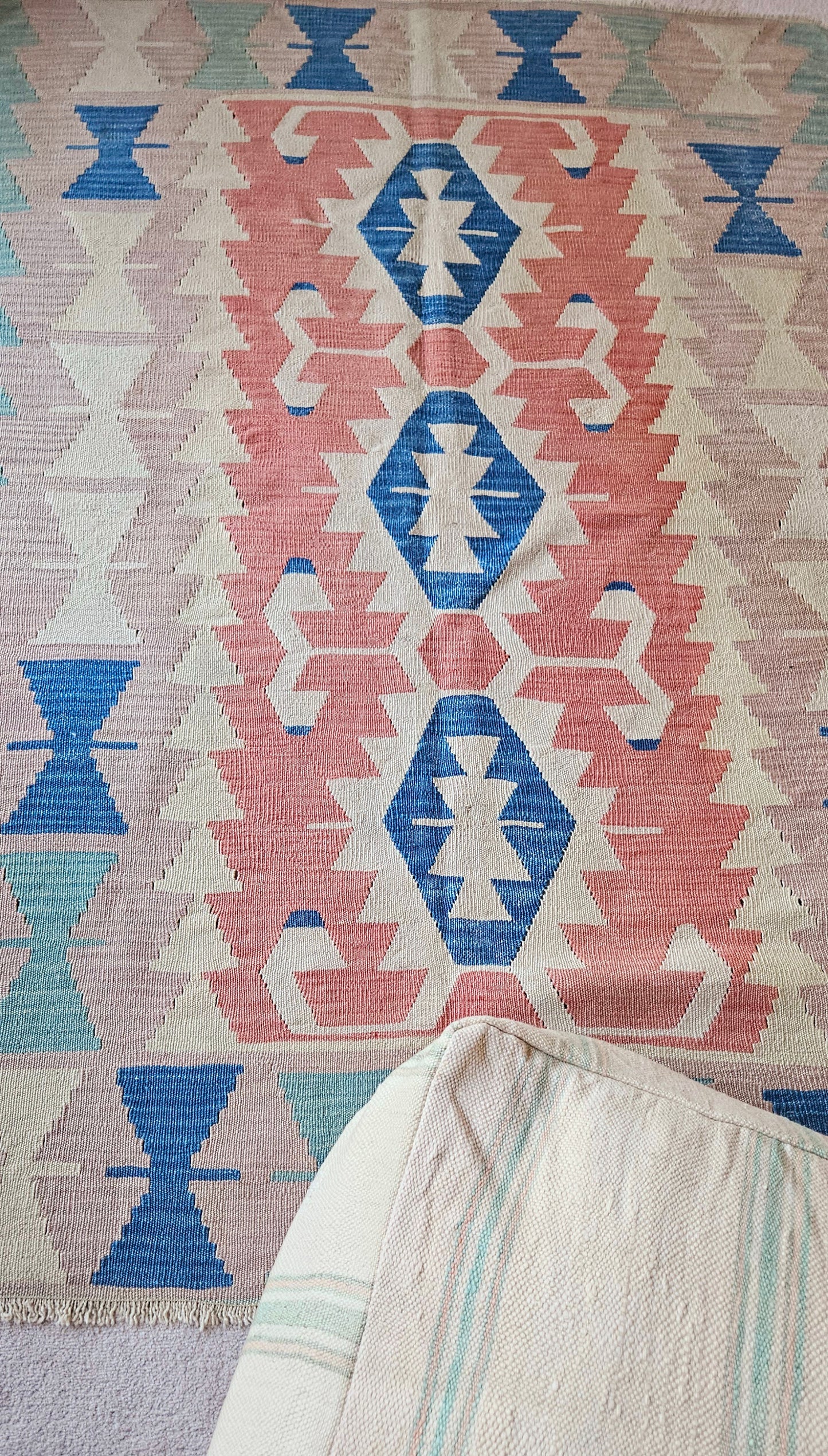 Blush and mint green vintage turkish kilim.