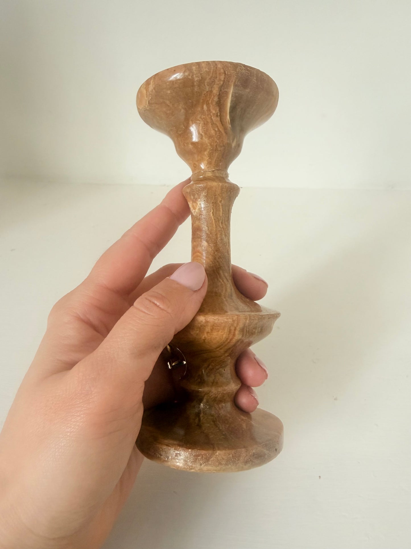 Vintage Brown Marble Onyx Candlesticks – Pair