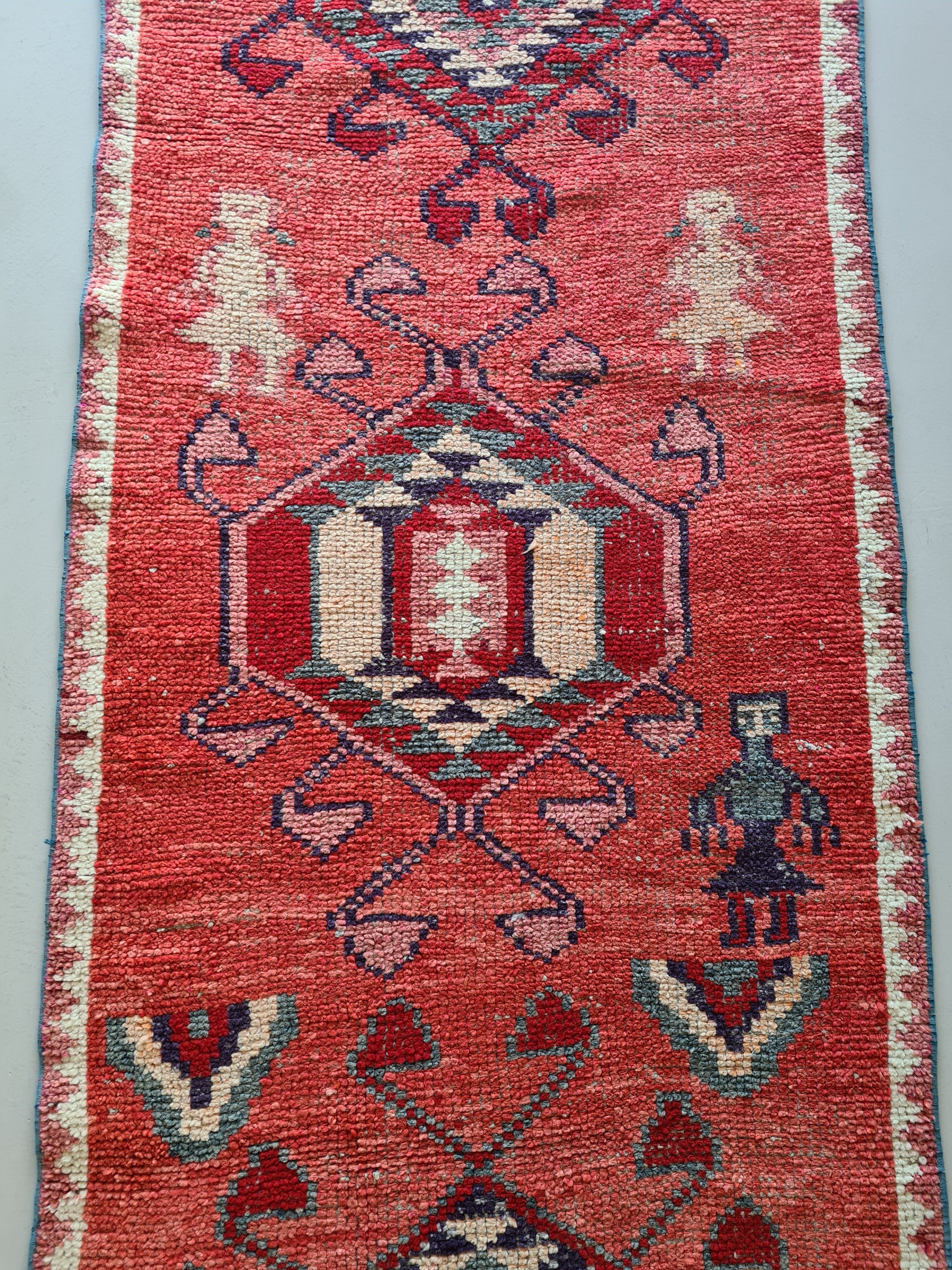 Vintage boho runner rug. Handknotted turkish rug