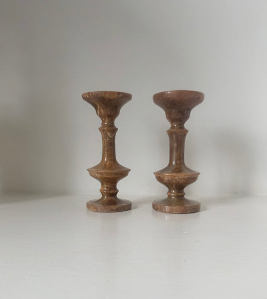 Vintage Brown Marble Onyx Candlesticks – Pair