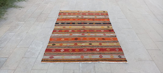 Vintage orange stripe kelim. Anatolian rug.