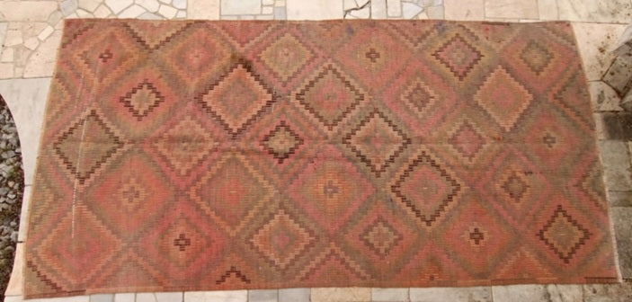 Rust orange geo handknotted rug. Turkish kelim. Vintage